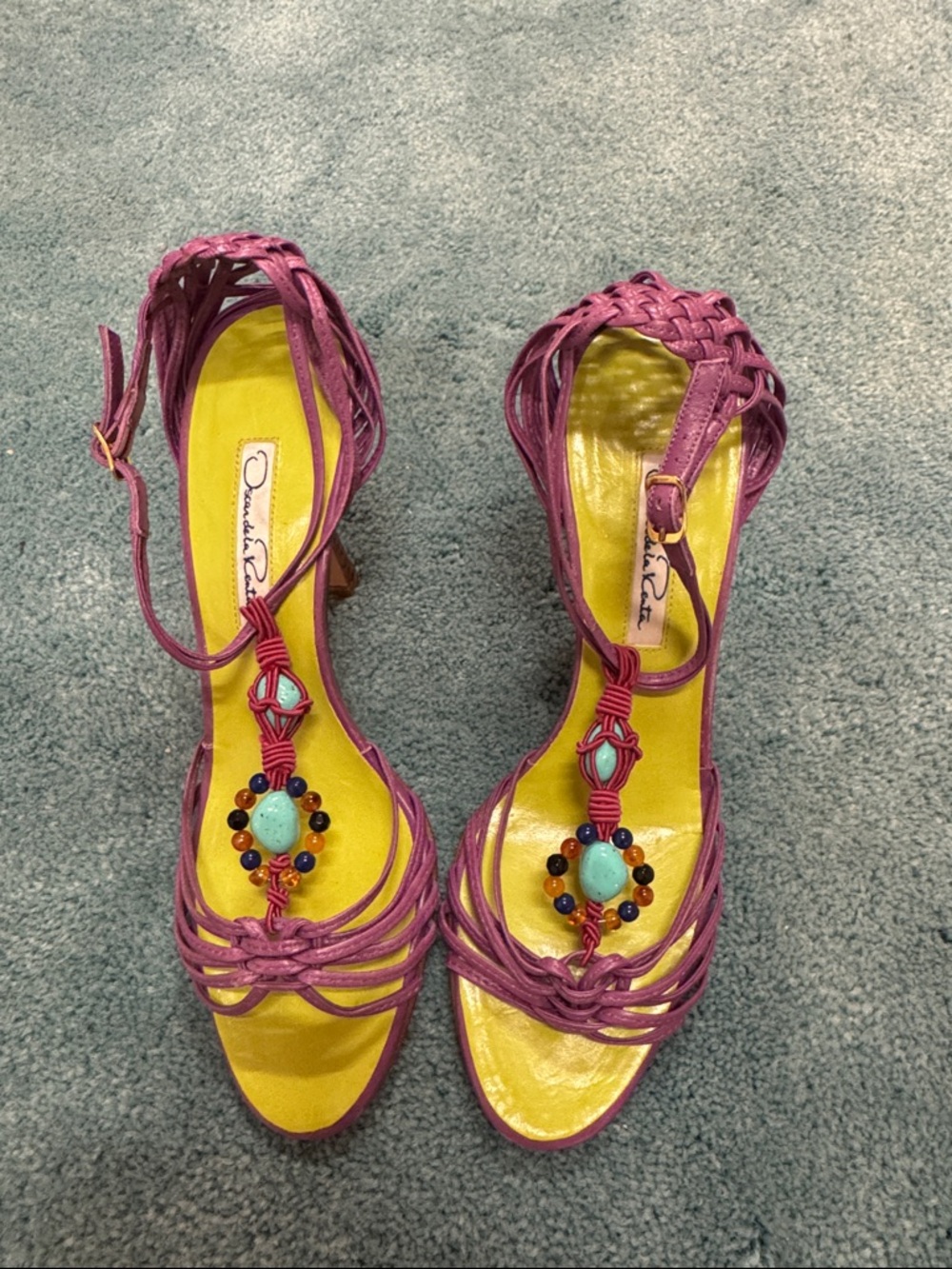 Oscar de la Renta Fuchsia Braided Beaded Ankle-Strap Sandals